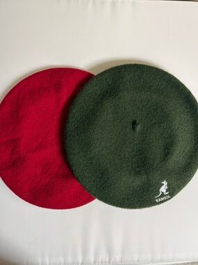 Bundle of 2 Wool Berets a Kangol Green Beret a Red Normandy Basque France Vtg